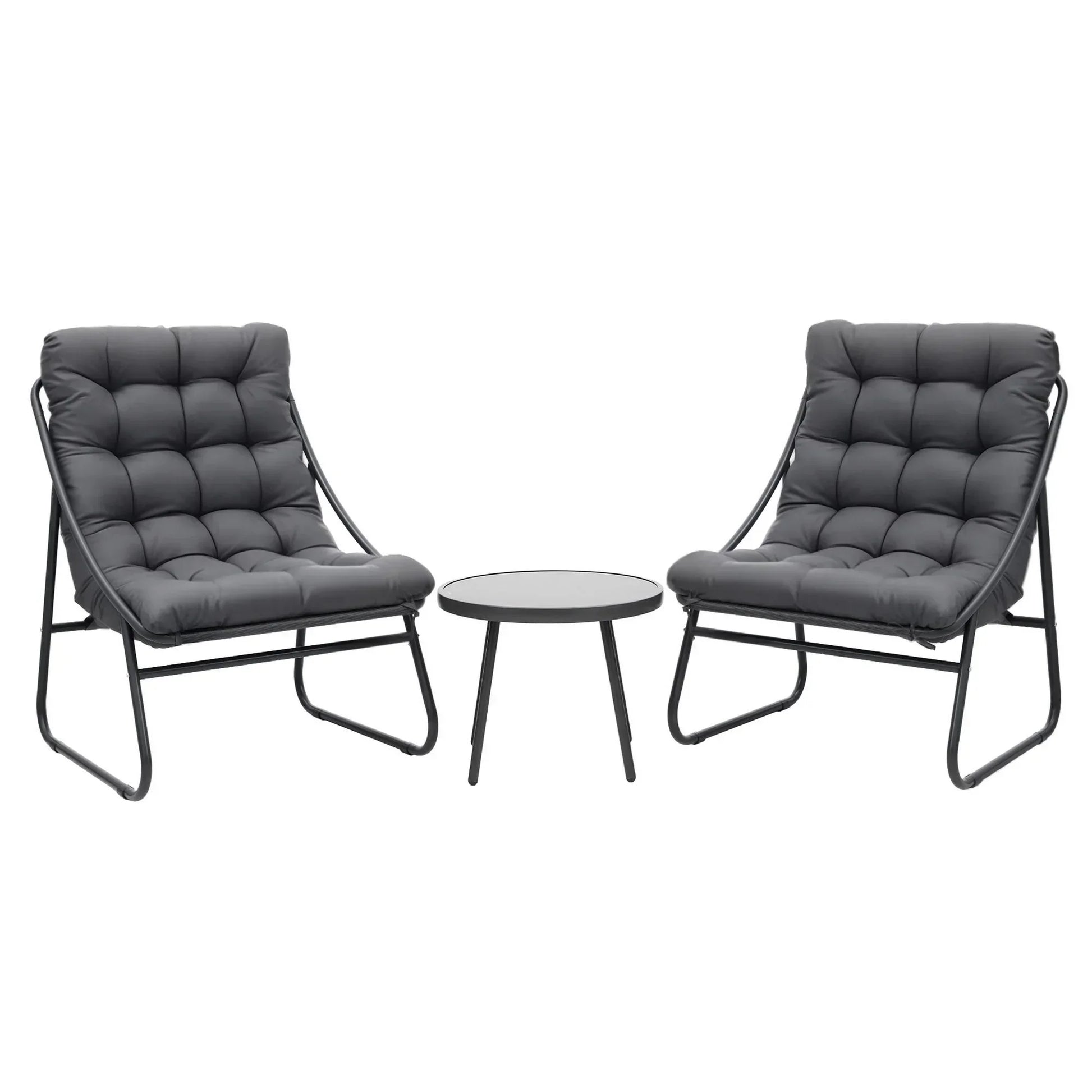 Modern outdoor patio set with two cushioned lounge chairs and a round table, Flea Market AU