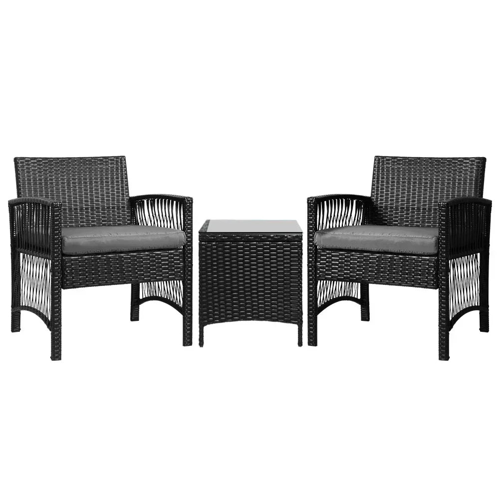 3PC Outdoor Bistro Set Patio Furniture Wicker Dining Chairs Table Cushion Black - Stacks Warehouse