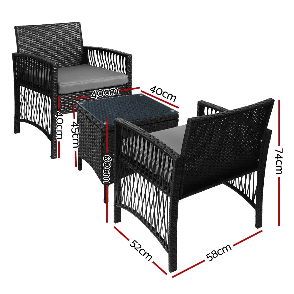 3PC Outdoor Bistro Set Patio Furniture Wicker Dining Chairs Table Cushion Black - Stacks Warehouse