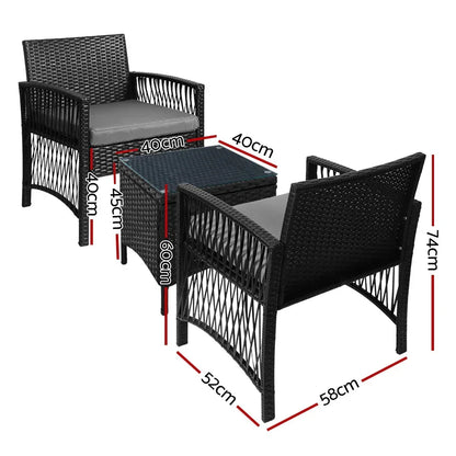 3PC Outdoor Bistro Set Patio Furniture Wicker Dining Chairs Table Cushion Black - Stacks Warehouse
