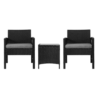 3PC Outdoor Bistro Set Patio Furniture Wicker Dining Chairs Table Cushion Black - Stacks Warehouse