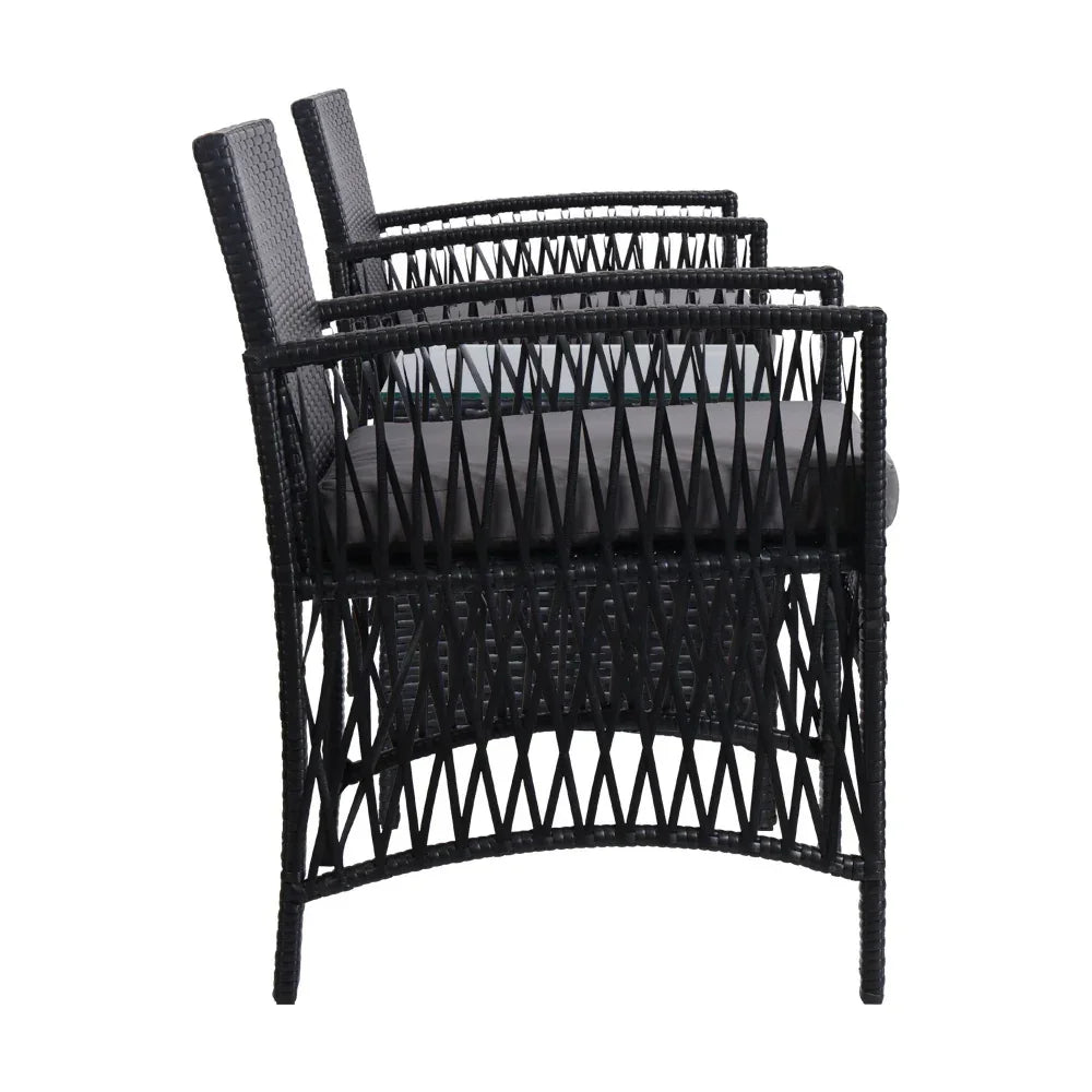 3PC Outdoor Bistro Set Patio Furniture Wicker Dining Chairs Table Cushion Black - Stacks Warehouse