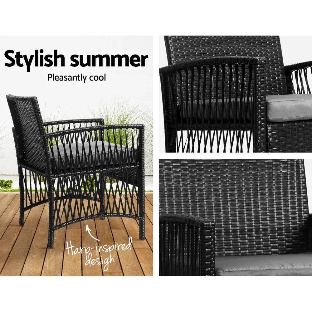 3PC Outdoor Bistro Set Patio Furniture Wicker Dining Chairs Table Cushion Black - Stacks Warehouse