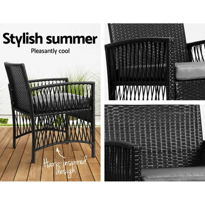 3PC Outdoor Bistro Set Patio Furniture Wicker Dining Chairs Table Cushion Black - Stacks Warehouse
