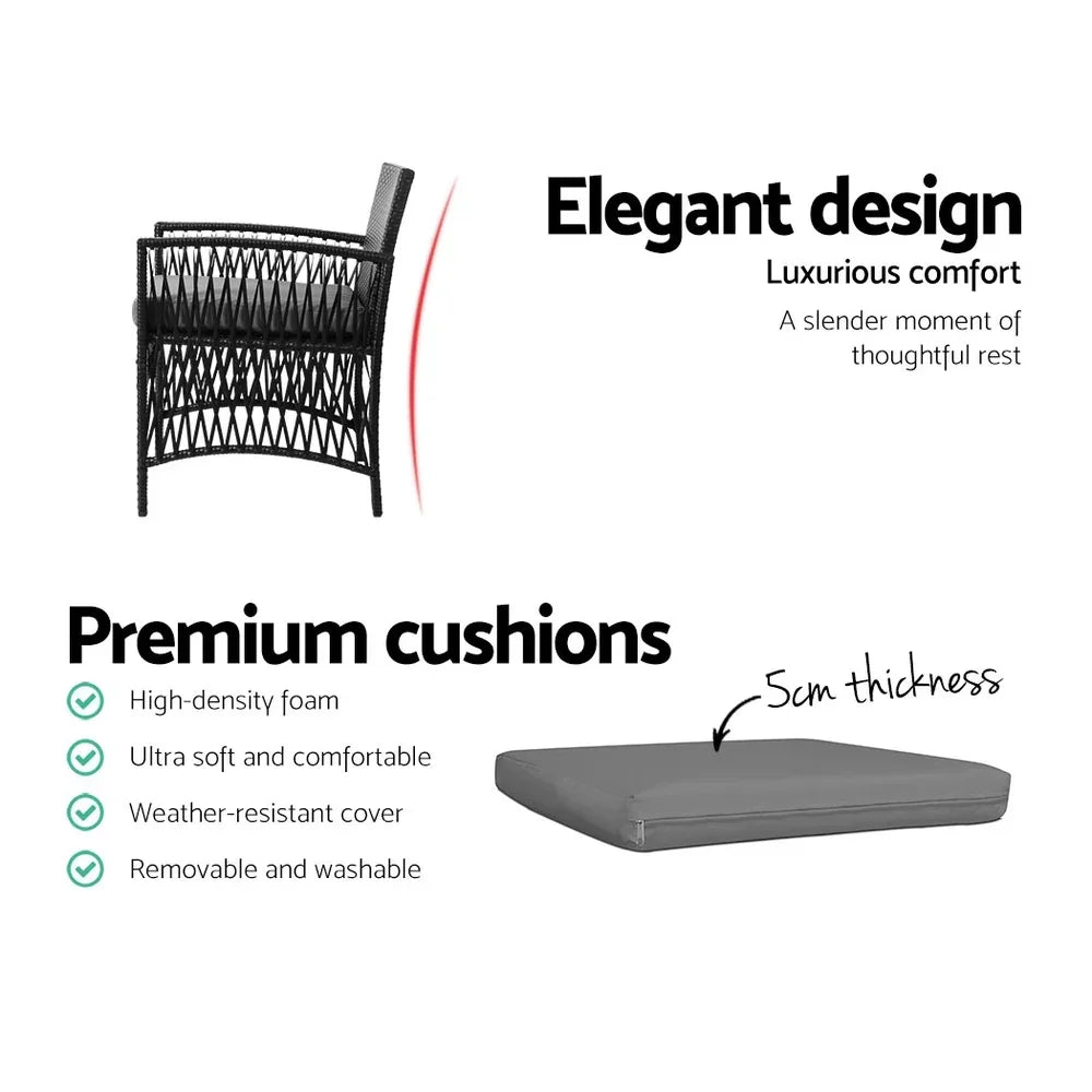 3PC Outdoor Bistro Set Patio Furniture Wicker Dining Chairs Table Cushion Black - Stacks Warehouse