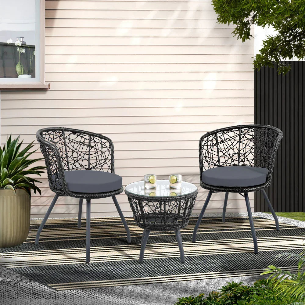 Gardeon 3PC Bistro Set Outdoor Furniture Rattan Table Chairs Patio Garden Cushion Black - Stacks Warehouse