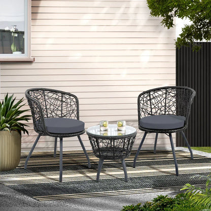 Gardeon 3PC Bistro Set Outdoor Furniture Rattan Table Chairs Patio Garden Cushion Black - Stacks Warehouse