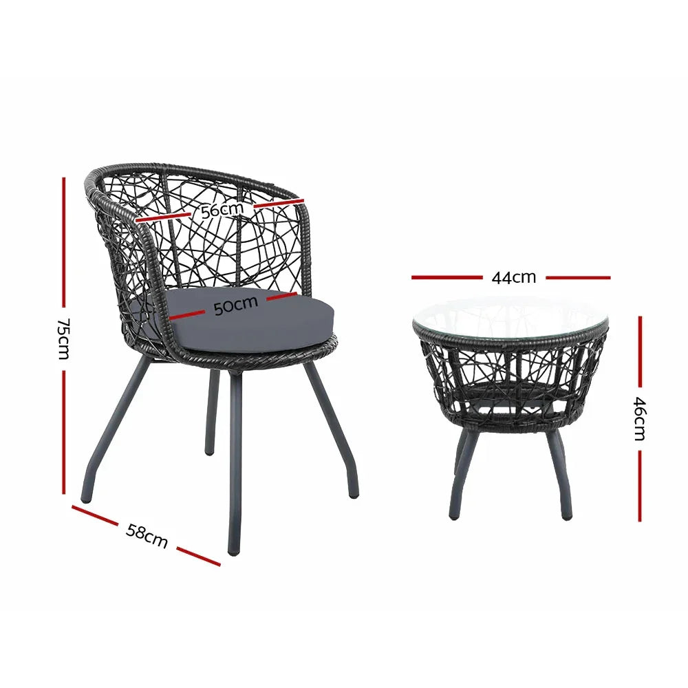 Gardeon 3PC Bistro Set Outdoor Furniture Rattan Table Chairs Patio Garden Cushion Black - Stacks Warehouse