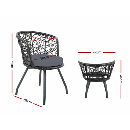 Gardeon 3PC Bistro Set Outdoor Furniture Rattan Table Chairs Patio Garden Cushion Black - Stacks Warehouse