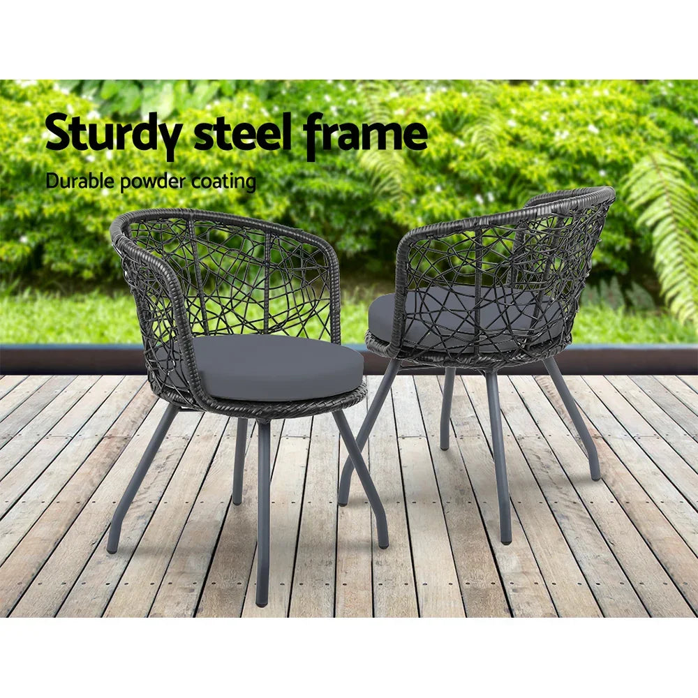 Gardeon 3PC Bistro Set Outdoor Furniture Rattan Table Chairs Patio Garden Cushion Black - Stacks Warehouse
