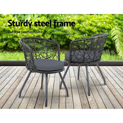 Gardeon 3PC Bistro Set Outdoor Furniture Rattan Table Chairs Patio Garden Cushion Black - Stacks Warehouse