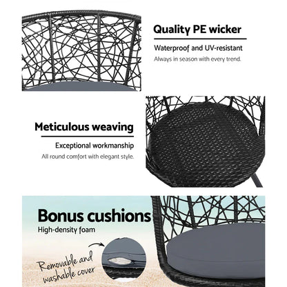 Gardeon 3PC Bistro Set Outdoor Furniture Rattan Table Chairs Patio Garden Cushion Black - Stacks Warehouse