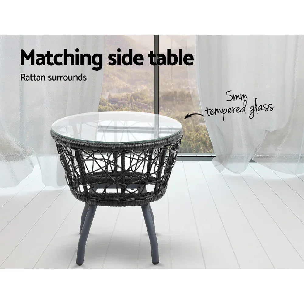 Gardeon 3PC Bistro Set Outdoor Furniture Rattan Table Chairs Patio Garden Cushion Black - Stacks Warehouse