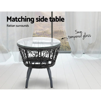 Gardeon 3PC Bistro Set Outdoor Furniture Rattan Table Chairs Patio Garden Cushion Black - Stacks Warehouse