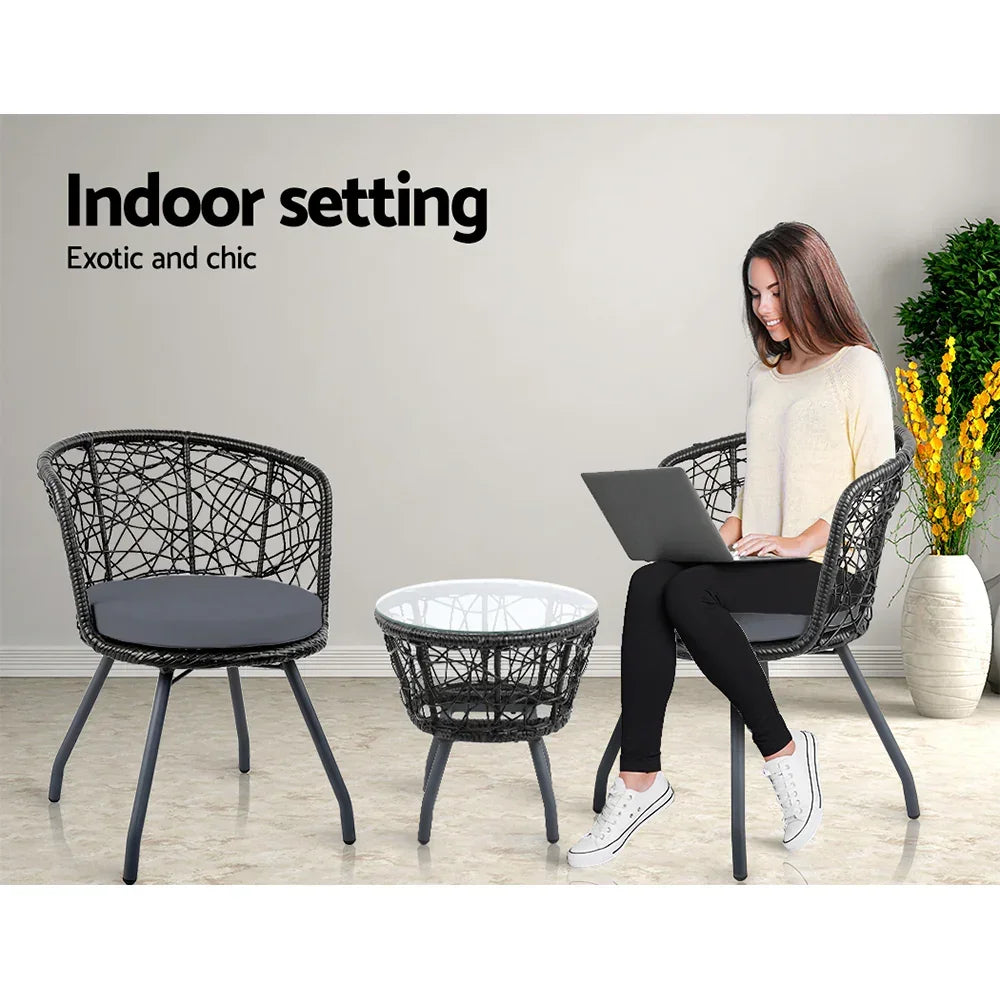 Gardeon 3PC Bistro Set Outdoor Furniture Rattan Table Chairs Patio Garden Cushion Black - Stacks Warehouse