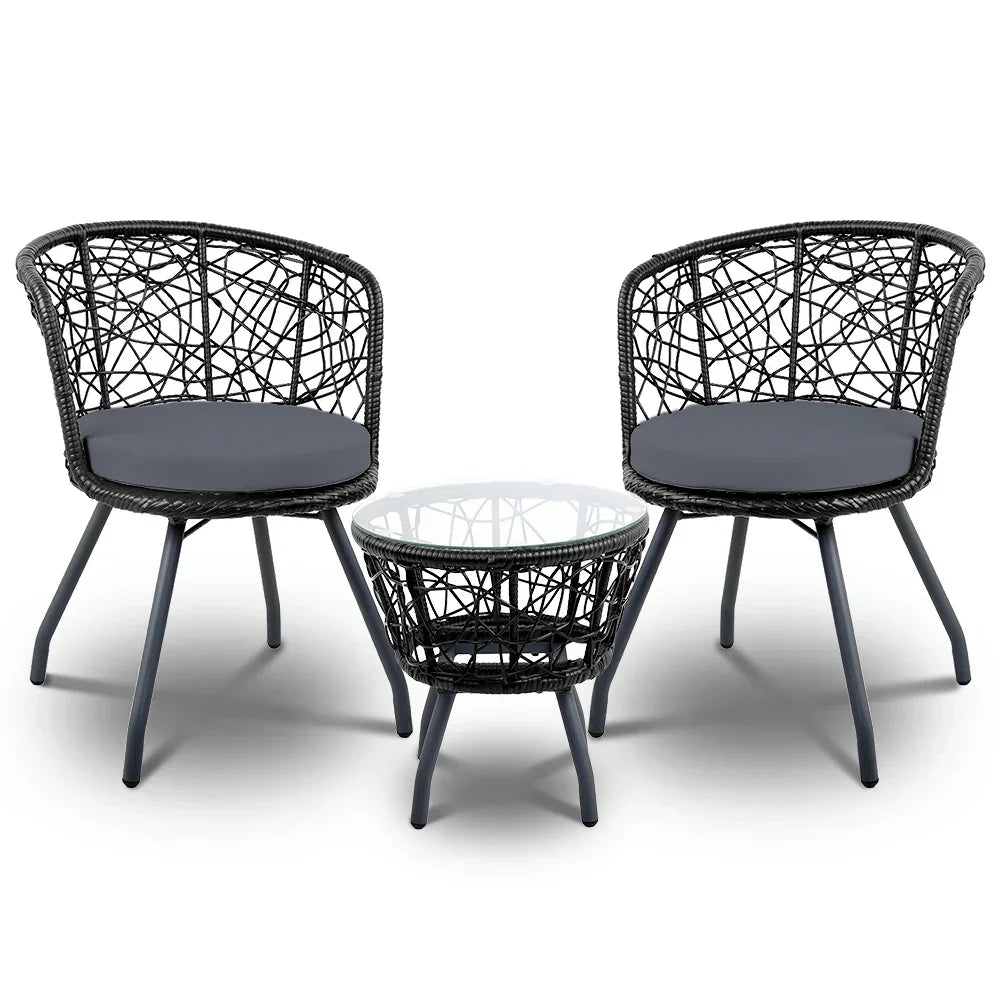 Gardeon 3PC Bistro Set Outdoor Furniture Rattan Table Chairs Patio Garden Cushion Black - Stacks Warehouse