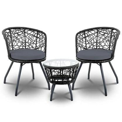 Gardeon 3PC Bistro Set Outdoor Furniture Rattan Table Chairs Patio Garden Cushion Black - Stacks Warehouse