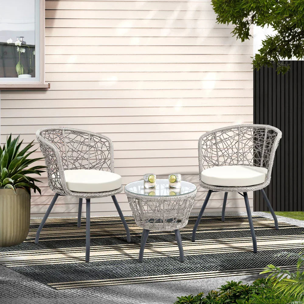 Gardeon 3PC Bistro Set Outdoor Furniture Rattan Table Chairs Patio Garden Cushion Grey - Stacks Warehouse