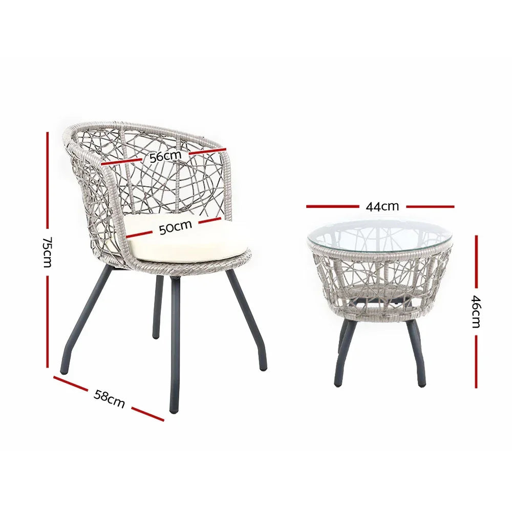 Gardeon 3PC Bistro Set Outdoor Furniture Rattan Table Chairs Patio Garden Cushion Grey - Stacks Warehouse