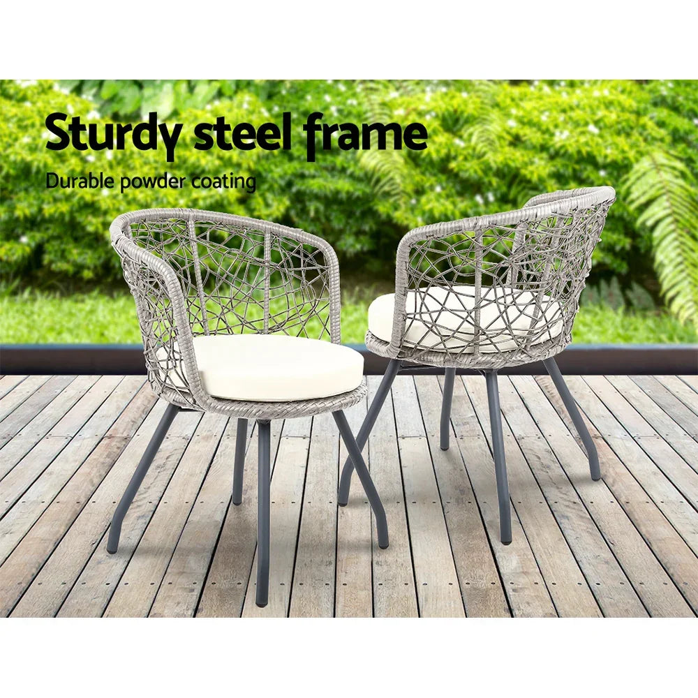 Gardeon 3PC Bistro Set Outdoor Furniture Rattan Table Chairs Patio Garden Cushion Grey - Stacks Warehouse