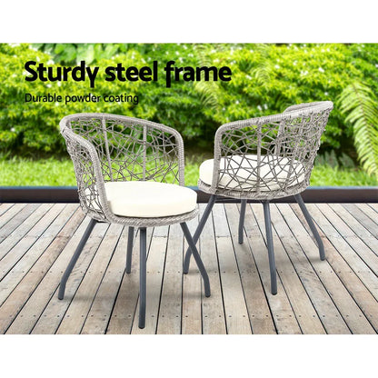 Gardeon 3PC Bistro Set Outdoor Furniture Rattan Table Chairs Patio Garden Cushion Grey - Stacks Warehouse