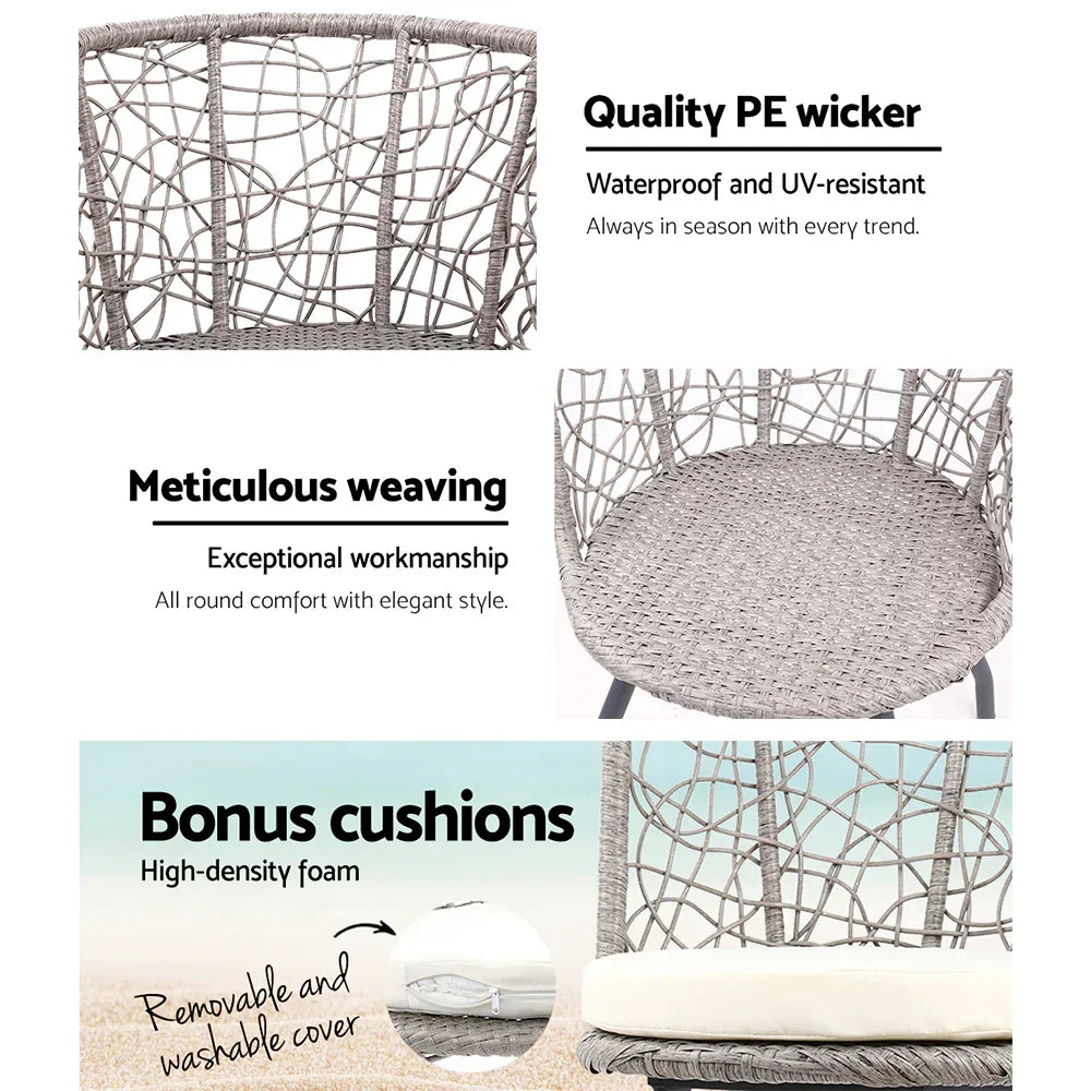 Gardeon 3PC Bistro Set Outdoor Furniture Rattan Table Chairs Patio Garden Cushion Grey - Stacks Warehouse