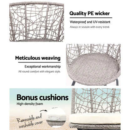 Gardeon 3PC Bistro Set Outdoor Furniture Rattan Table Chairs Patio Garden Cushion Grey - Stacks Warehouse