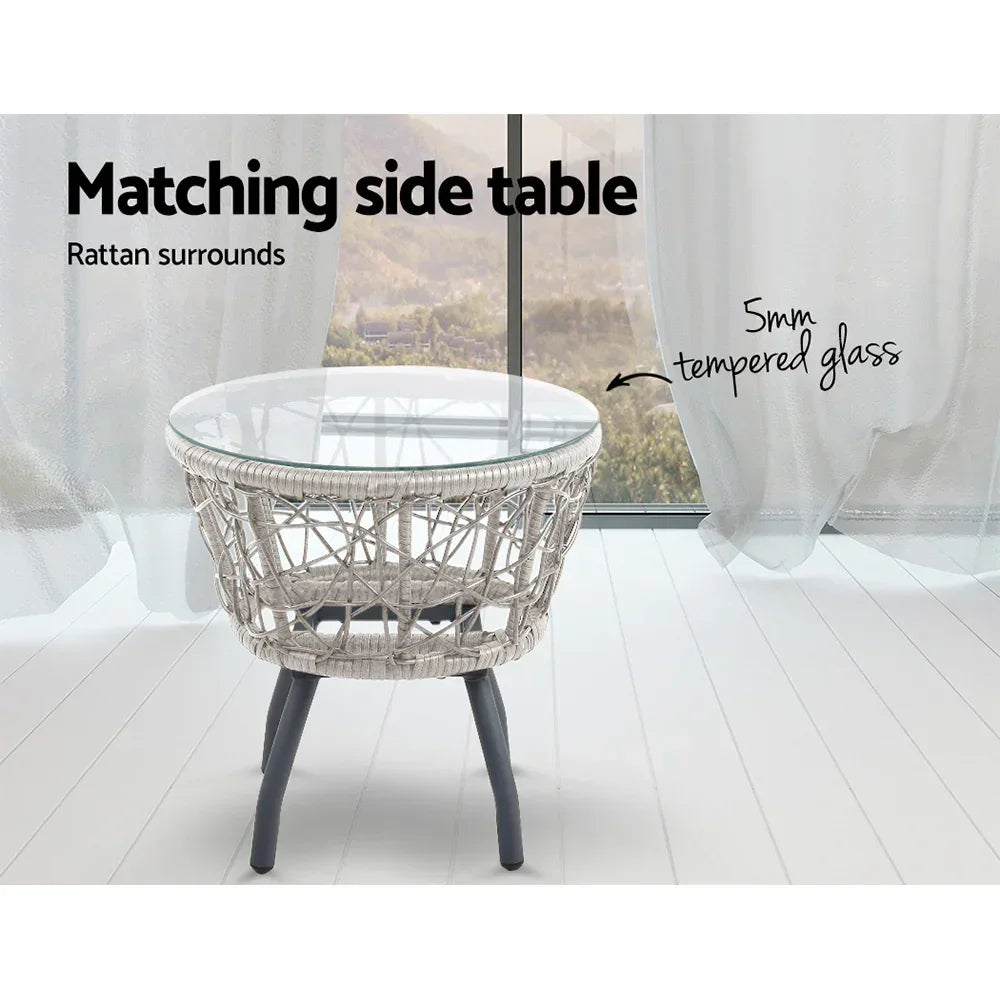 Gardeon 3PC Bistro Set Outdoor Furniture Rattan Table Chairs Patio Garden Cushion Grey - Stacks Warehouse