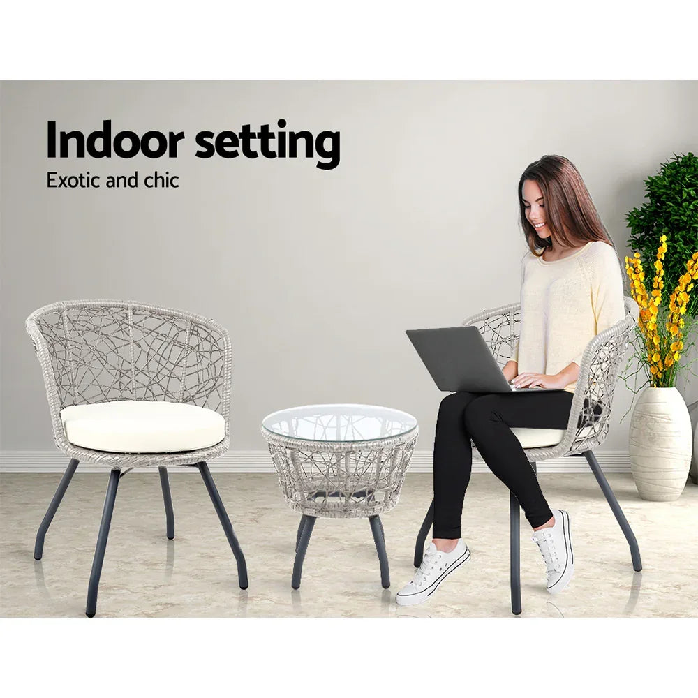 Gardeon 3PC Bistro Set Outdoor Furniture Rattan Table Chairs Patio Garden Cushion Grey - Stacks Warehouse