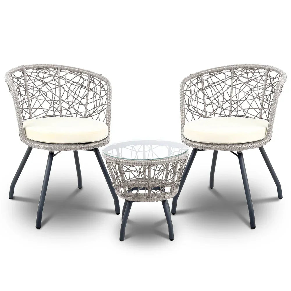 Gardeon 3PC Bistro Set Outdoor Furniture Rattan Table Chairs Patio Garden Cushion Grey - Stacks Warehouse