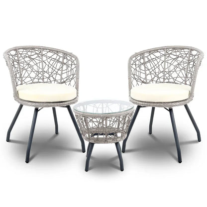 Gardeon 3PC Bistro Set Outdoor Furniture Rattan Table Chairs Patio Garden Cushion Grey - Stacks Warehouse