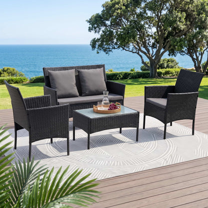 Gardeon 4 piece outdoor sofa set in black rattan with grey cushions