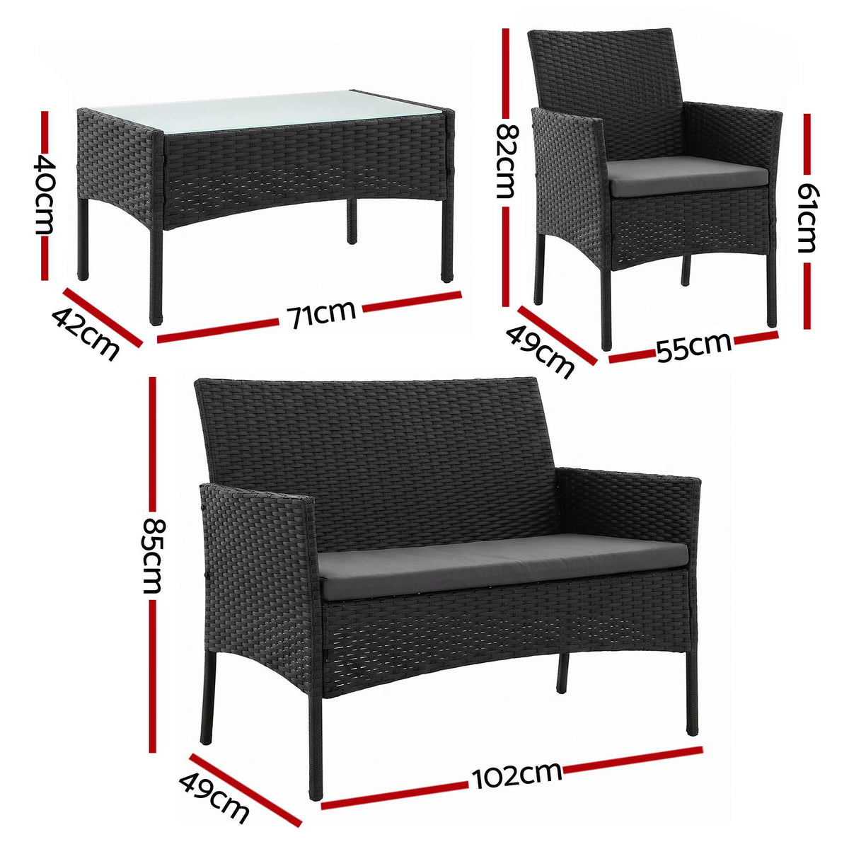 Outdoor coffee table with a 5mm tempered glass top and rattan border finish