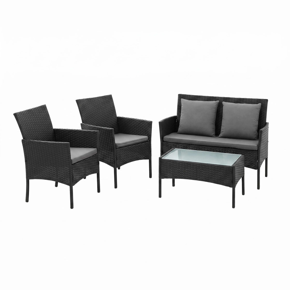 Handwoven black rattan over a powder coated metal outdoor sofa frame