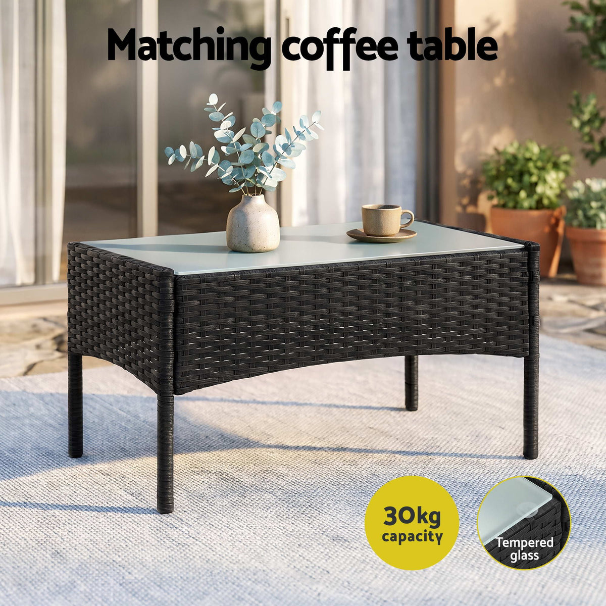 Black rattan patio set for balconies and decks, indoor and outdoor use