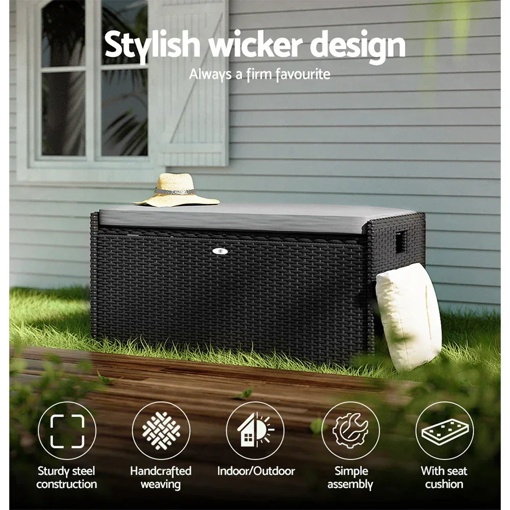 Gardeon Outdoor Storage Bench Box Wicker Garden Sheds Tools Cushion Patio Furniture Black - Stacks Warehouse