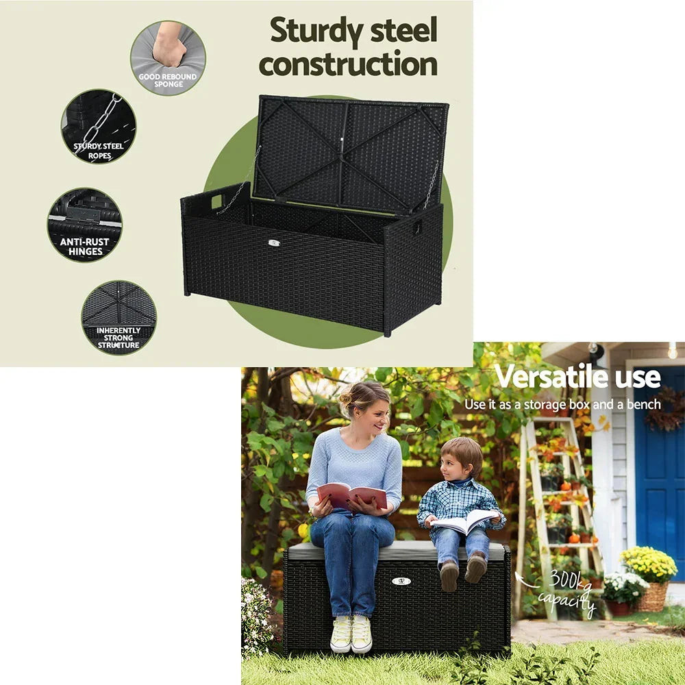 Gardeon Outdoor Storage Bench Box Wicker Garden Sheds Tools Cushion Patio Furniture Black - Stacks Warehouse
