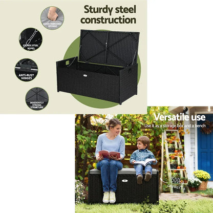 Gardeon Outdoor Storage Bench Box Wicker Garden Sheds Tools Cushion Patio Furniture Black - Stacks Warehouse