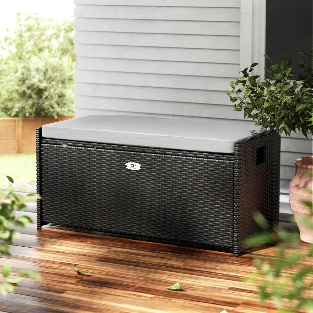 Gardeon Outdoor Storage Bench Box Wicker Garden Sheds Tools Cushion Patio Furniture Black - Stacks Warehouse