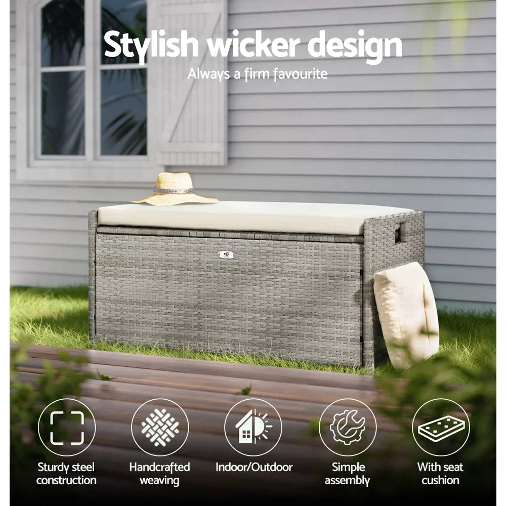 Gardeon Outdoor Storage Bench Box Wicker Garden Sheds Tools Cushion Patio Furniture Grey - Stacks Warehouse