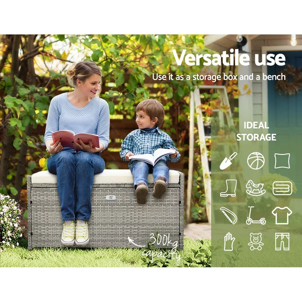 Gardeon Outdoor Storage Bench Box Wicker Garden Sheds Tools Cushion Patio Furniture Grey - Stacks Warehouse