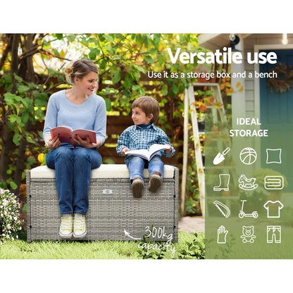 Gardeon Outdoor Storage Bench Box Wicker Garden Sheds Tools Cushion Patio Furniture Grey - Stacks Warehouse
