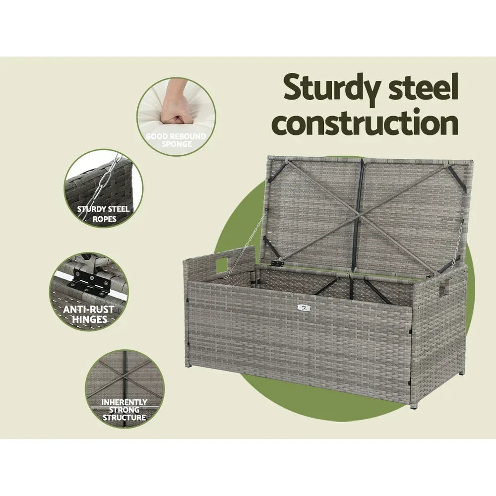 Gardeon Outdoor Storage Bench Box Wicker Garden Sheds Tools Cushion Patio Furniture Grey - Stacks Warehouse