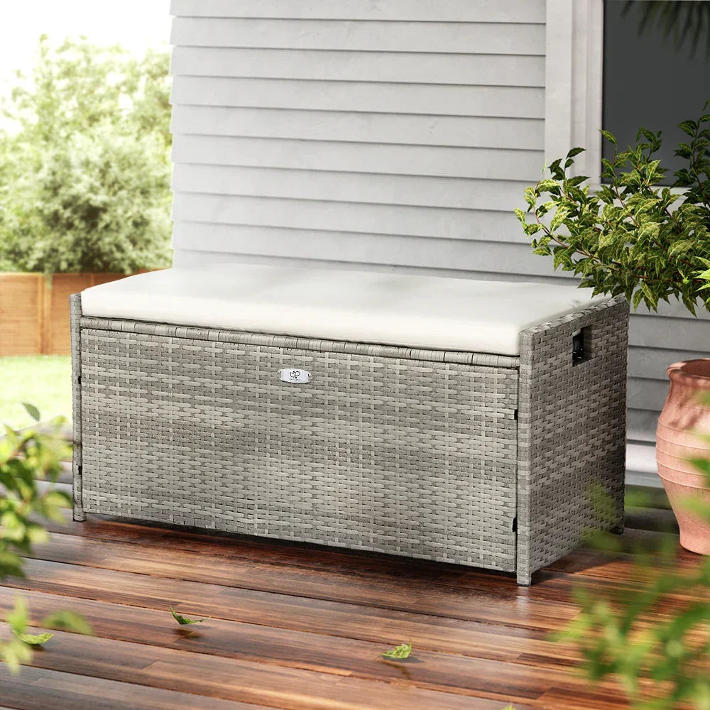 Gardeon Outdoor Storage Bench Box Wicker Garden Sheds Tools Cushion Patio Furniture Grey - Stacks Warehouse