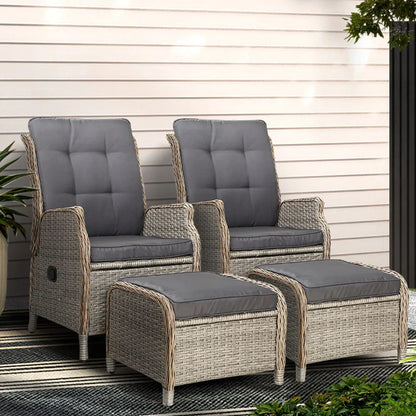 Gardeon 2PC Chair Sun lounge Wicker Lounger Outdoor Furniture with leg stool- Grey - Stacks Warehouse