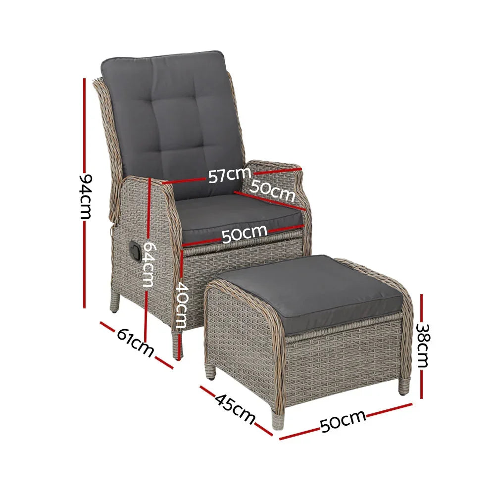Gardeon 2PC Chair Sun lounge Wicker Lounger Outdoor Furniture with leg stool- Grey - Stacks Warehouse