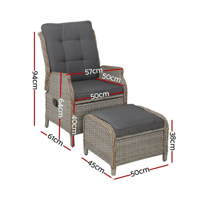 Gardeon 2PC Chair Sun lounge Wicker Lounger Outdoor Furniture with leg stool- Grey - Stacks Warehouse