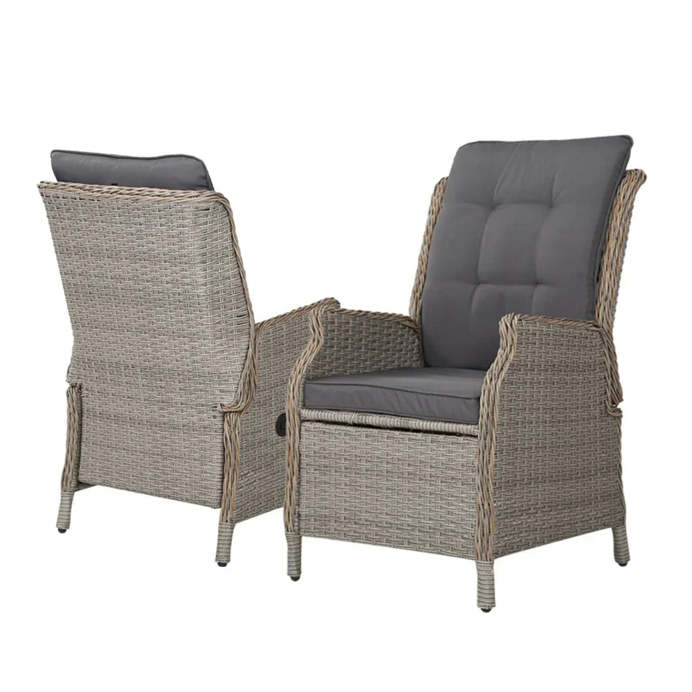 Gardeon 2PC Chair Sun lounge Wicker Lounger Outdoor Furniture with leg stool- Grey - Stacks Warehouse