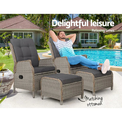 Gardeon 2PC Chair Sun lounge Wicker Lounger Outdoor Furniture with leg stool- Grey - Stacks Warehouse