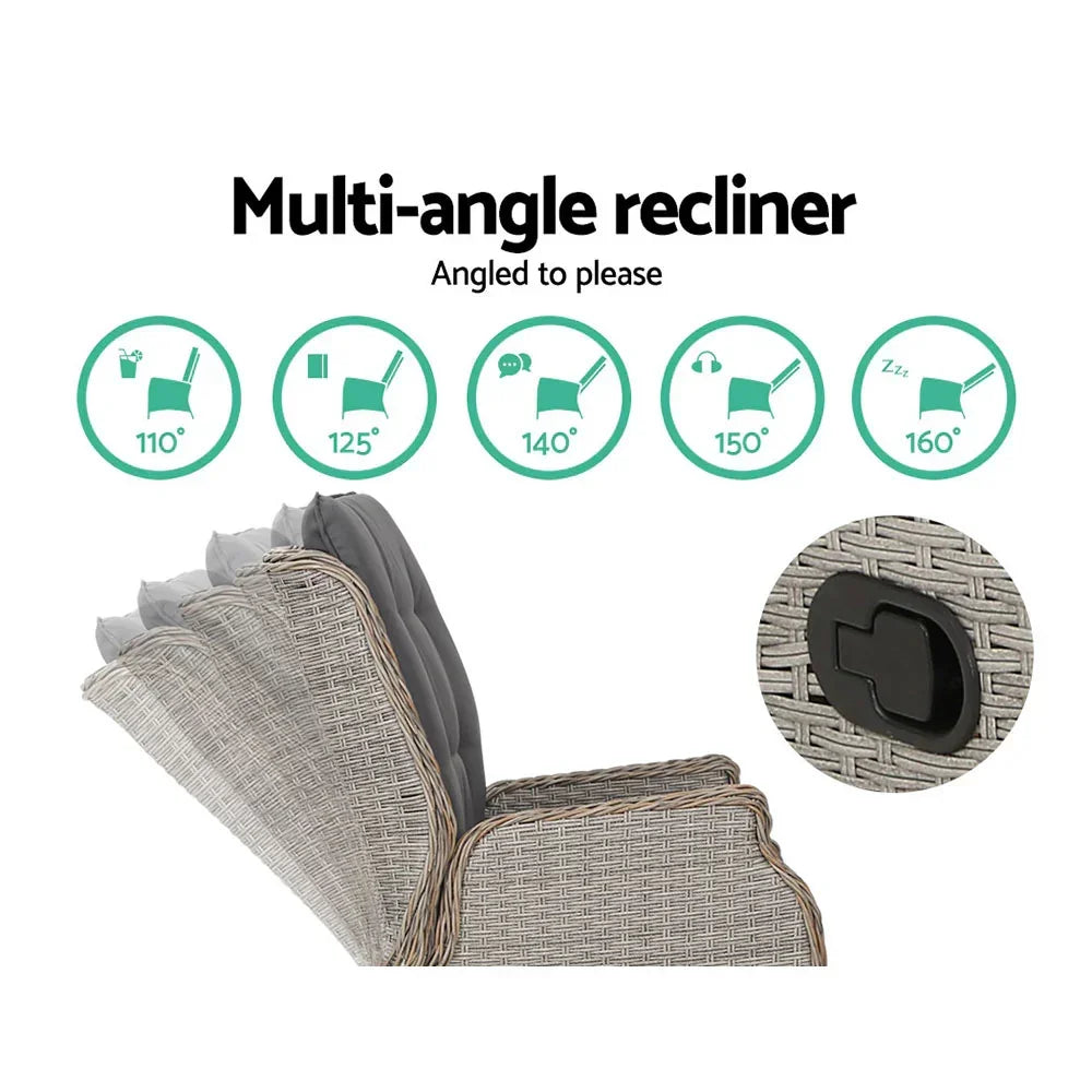 Gardeon 2PC Chair Sun lounge Wicker Lounger Outdoor Furniture with leg stool- Grey - Stacks Warehouse